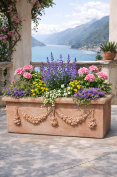 Grand bac à fleurs en terre cuite Impruneta avec décor floral – artisanat toscan d’exception